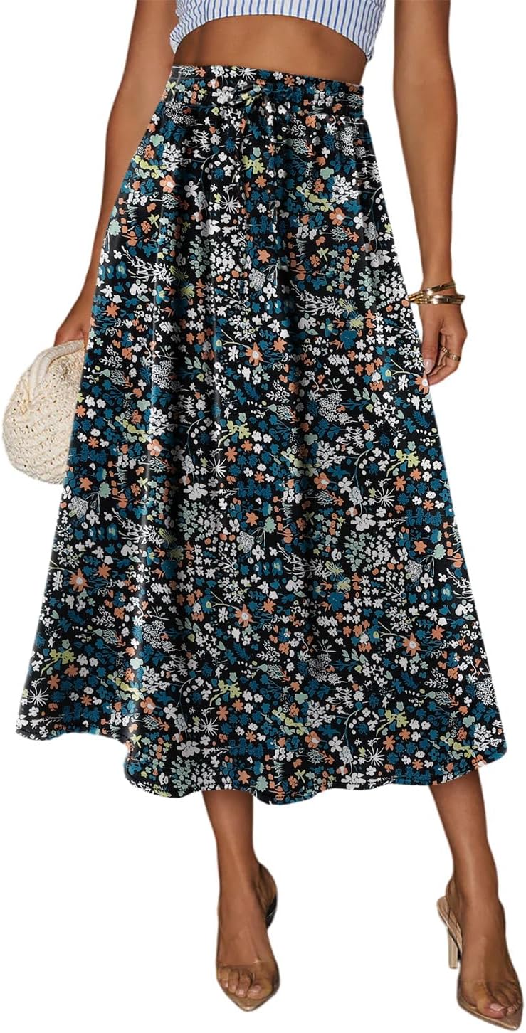 Magritta Women's Print Midi Skirt with Pocket Elastic High Waist 2026 Trendy A-Line Bohe Leopardr Swing Skirts for Women