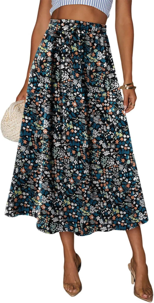 Magritta Women's Print Midi Skirt with Pocket Elastic High Waist 2026 Trendy A-Line Bohe Leopardr Swing Skirts for Women