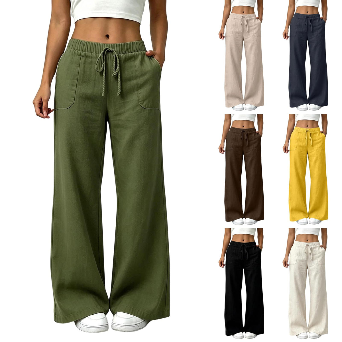 Linen Wide Leg High Waisted Pants for Women Casual Straight Leg Pants