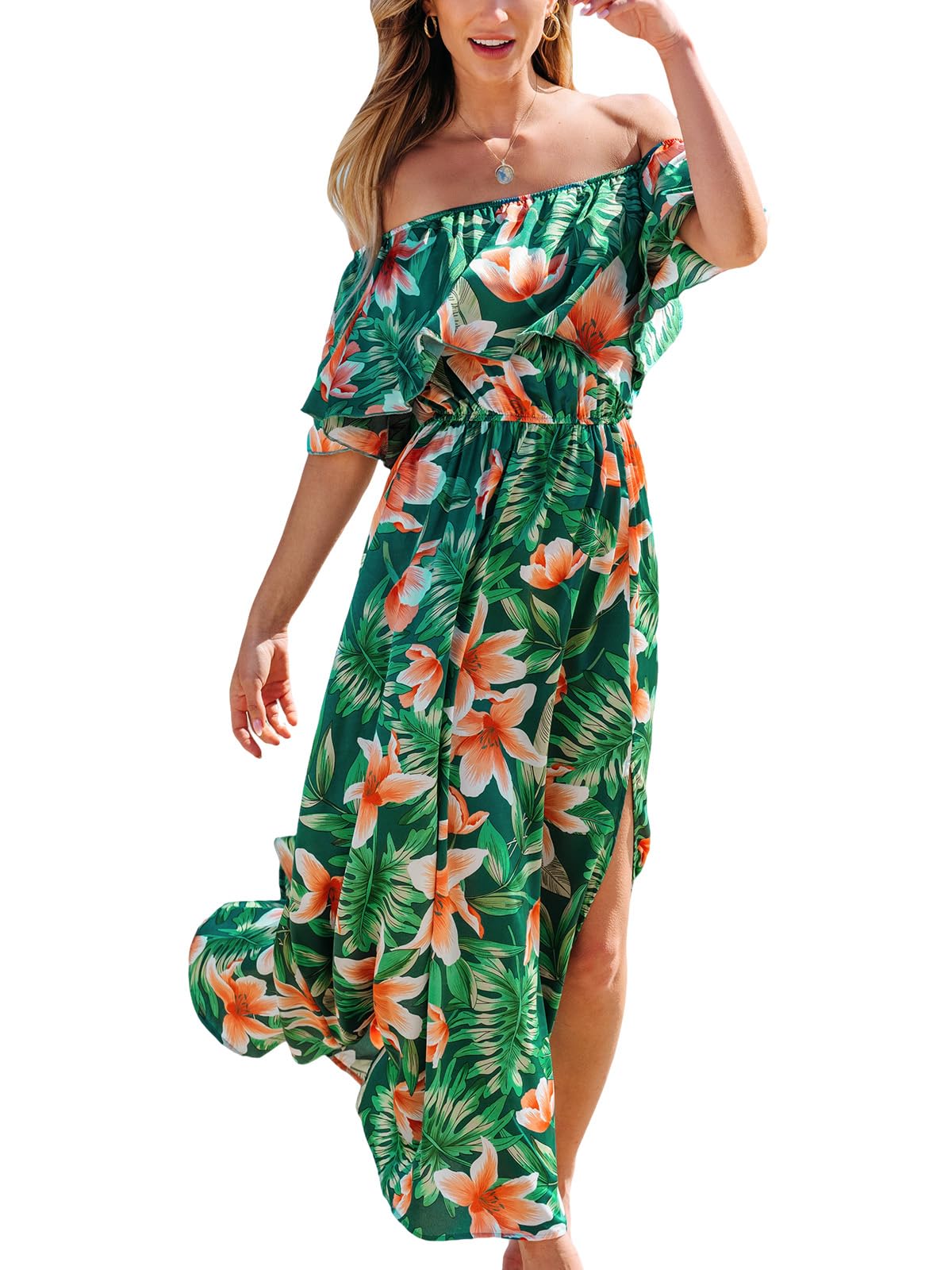 CUPSHE Womens Ruffle Floral Maxi Summer Dress Off Shoulder Beach Dress