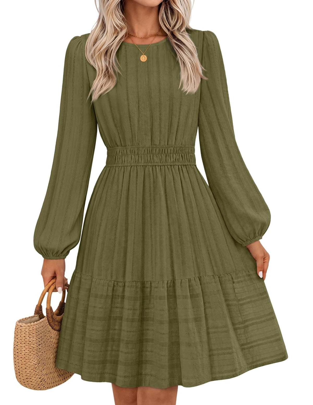 MEROKEETY Women's Fall Long Puff Sleeve Casual Boho Flowy Dress