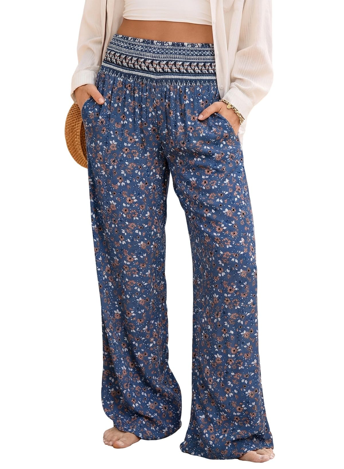Dokotoo Women's Summer Boho Floral Bagyy Pants Wide Leg High Smocked Waist Casual Loose Palazzo Pants with Pocket