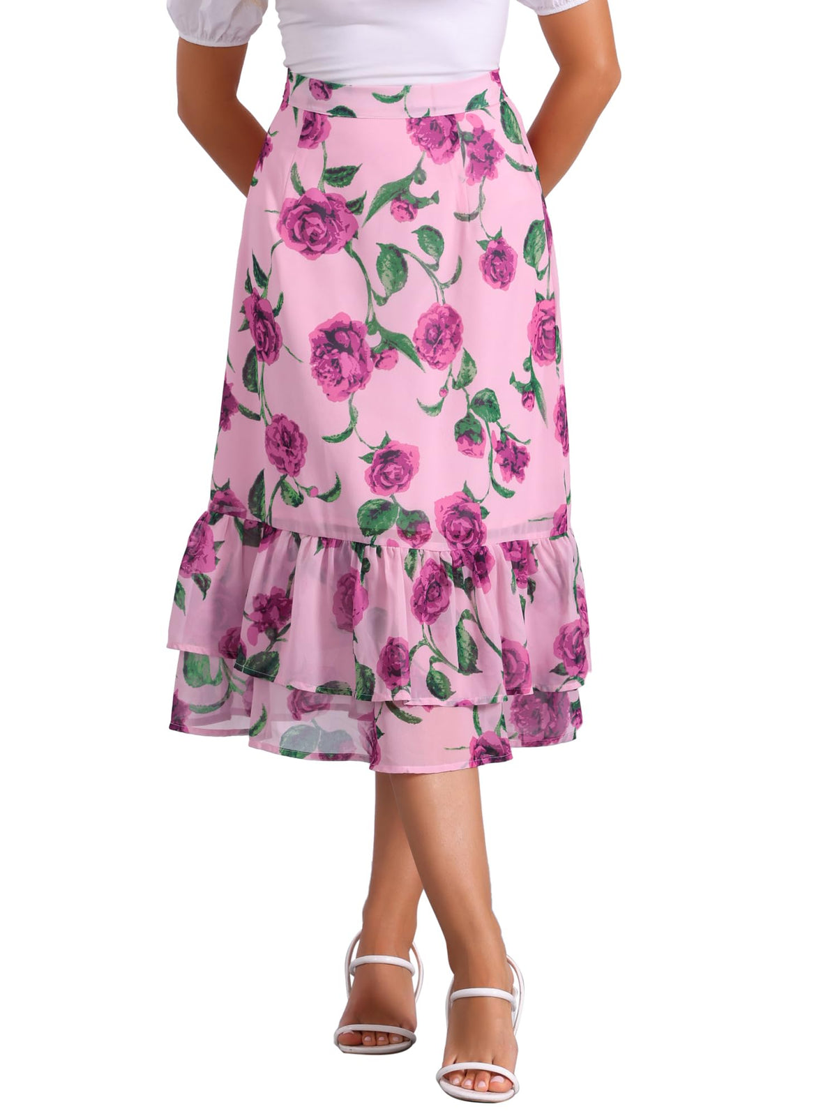 Allegra K Women's Printed Skirt Chiffon Ruffle Tiered Flowy Midi Skirts