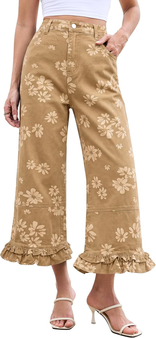 Eddoyee Women's Wide Leg Ruffle Hem Baggy Pants
