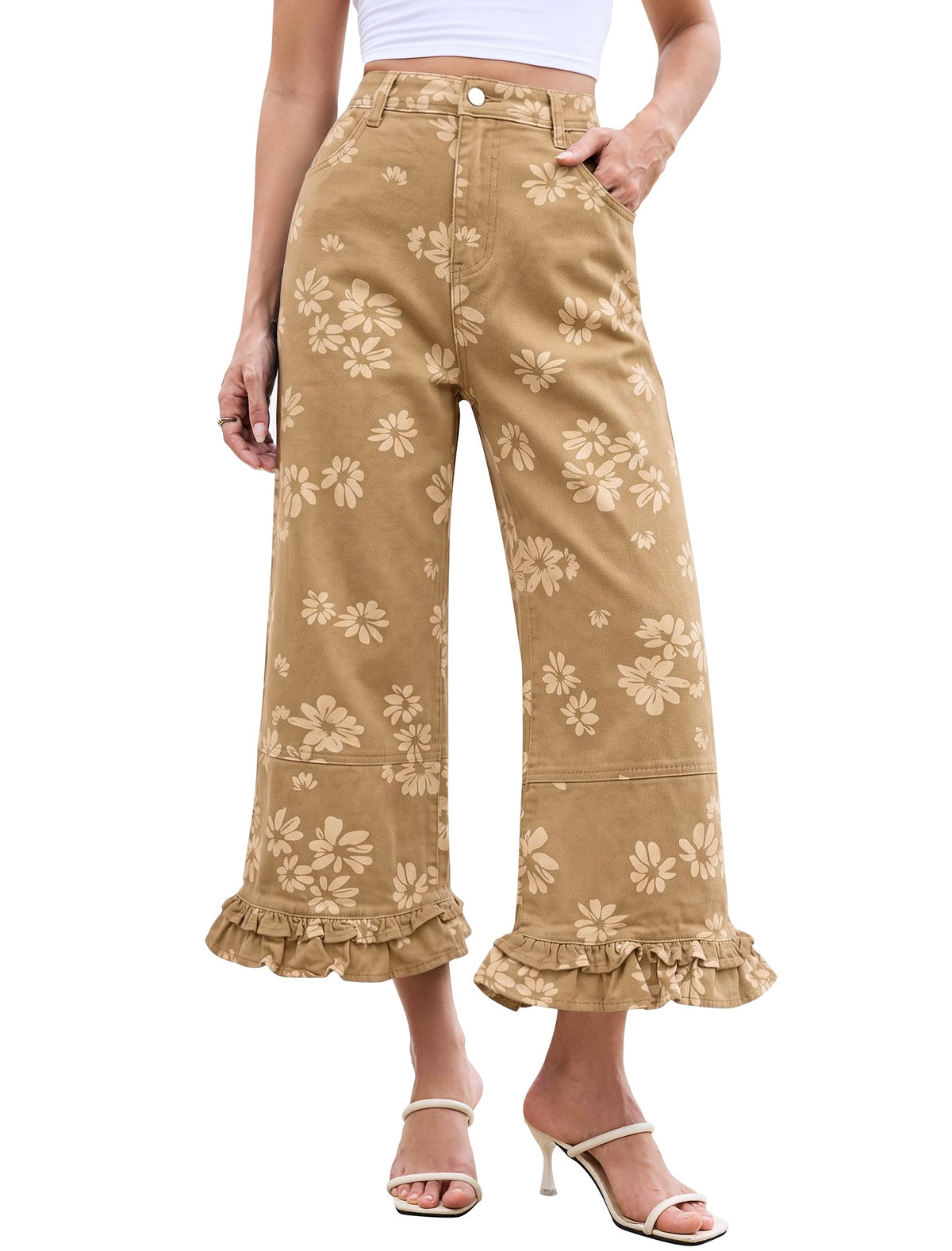 Eddoyee Women's Wide Leg Ruffle Hem Baggy Pants