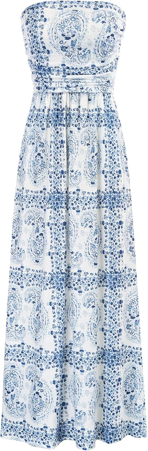 GRACE KARIN Women Strapless Dress Casual Loose Ruched Long Maxi Dress with Pockets