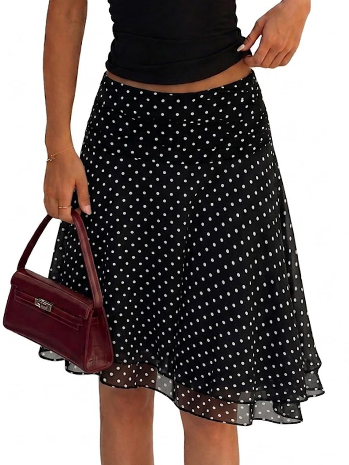 ELLEVEN Asymmetrical Polka Dot Midi Skirt, Flowy Knee Length A Line Skirt