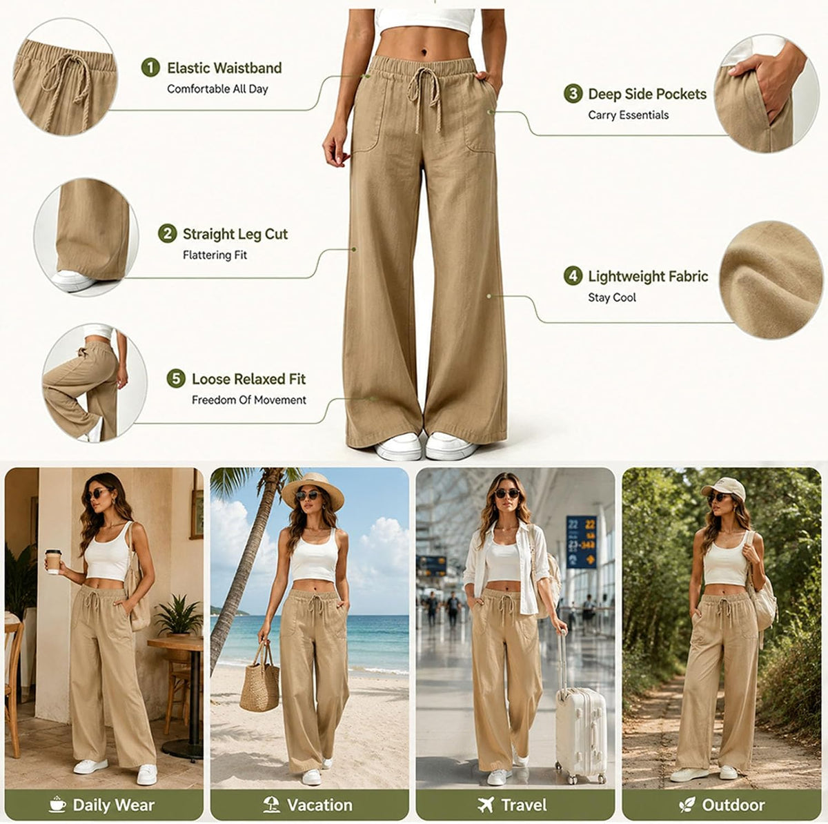 YRAETENM Wide Leg Linen Pants for Women Drawstring High Waisted Trousers