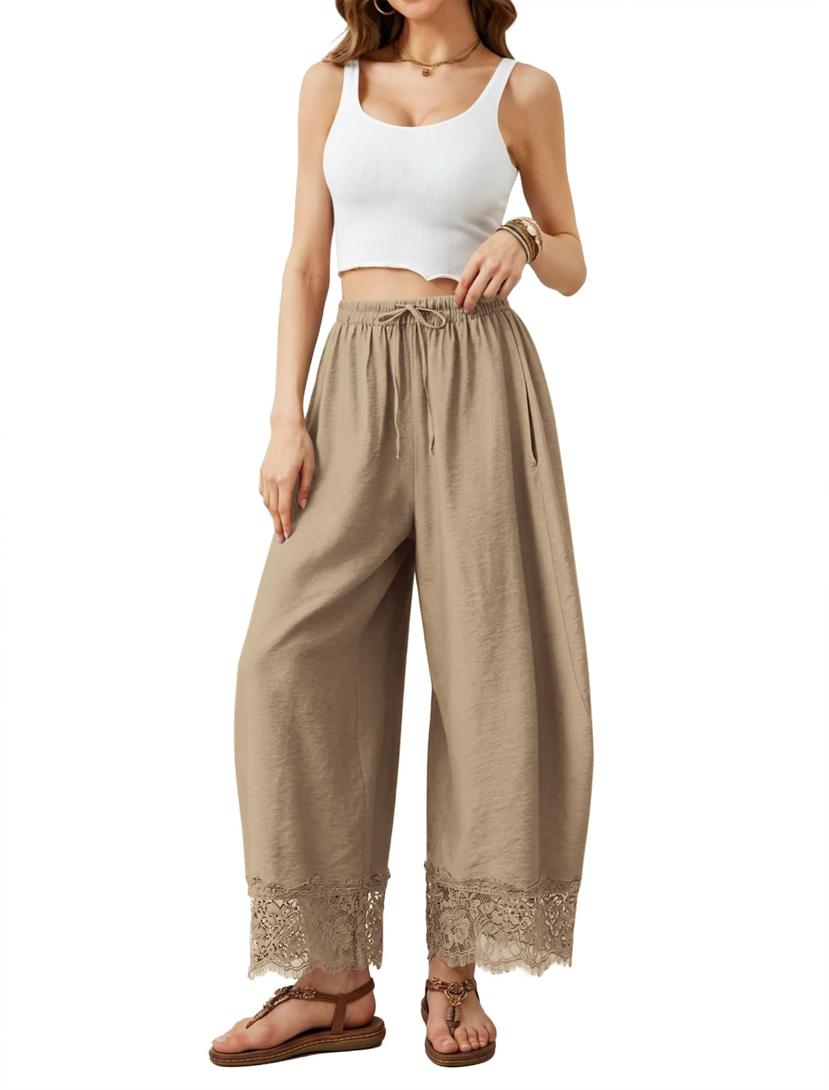 IWH Cropped Lace Trim Pants Women Wide Leg Barrel Silk Bottom Petite Length