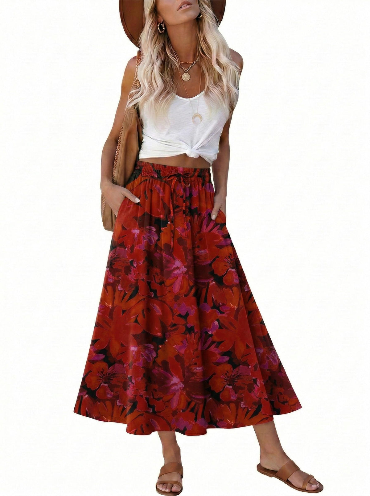 Magritta Women's Print Midi Skirt with Pocket Elastic High Waist 2026 Trendy A-Line Bohe Leopardr Swing Skirts for Women