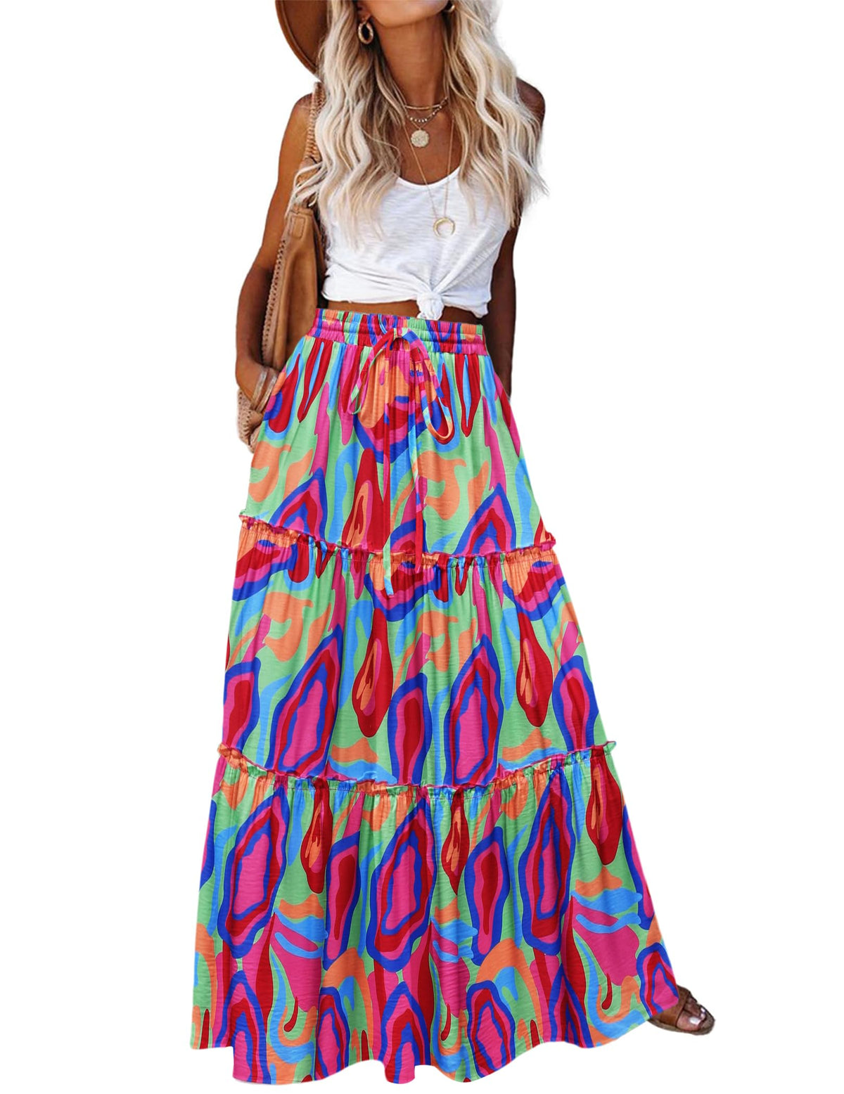 Zeagoo Womens Casual Maxi Skirts for Women 2026 High Waist Boho Skirts Floral Printed Long Flowy Skirt with Pockets
