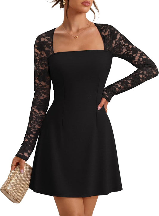 MEROKEETY Womens Lace Long Sleeve Fall Cocktail Wedding Guest Mini Dress