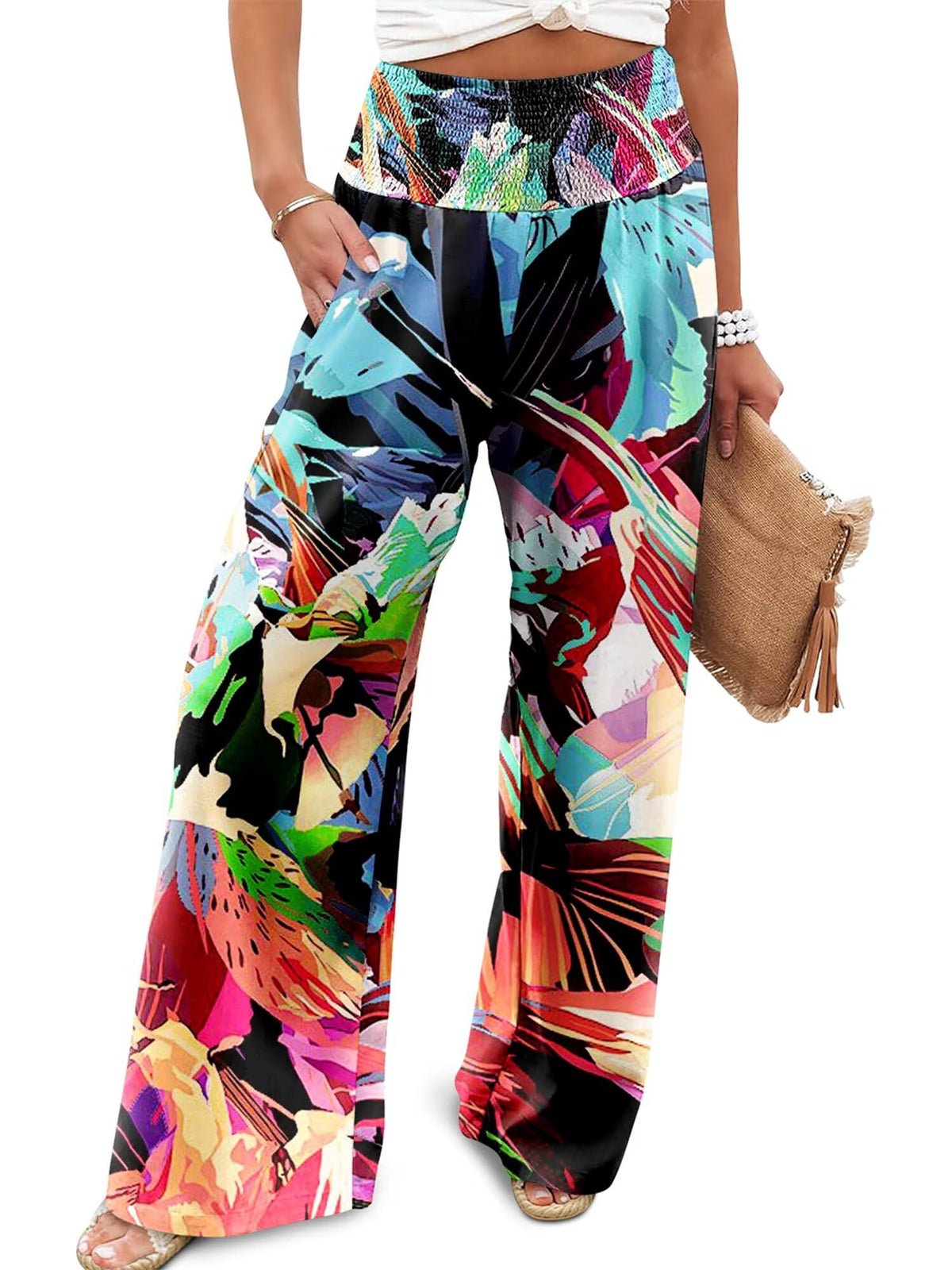 JZC Womens Wide Leg Pants Elastic High Waisted Palazzo Pants Summer Flowy Casual Trousers Beach Travel Vacation Outfits