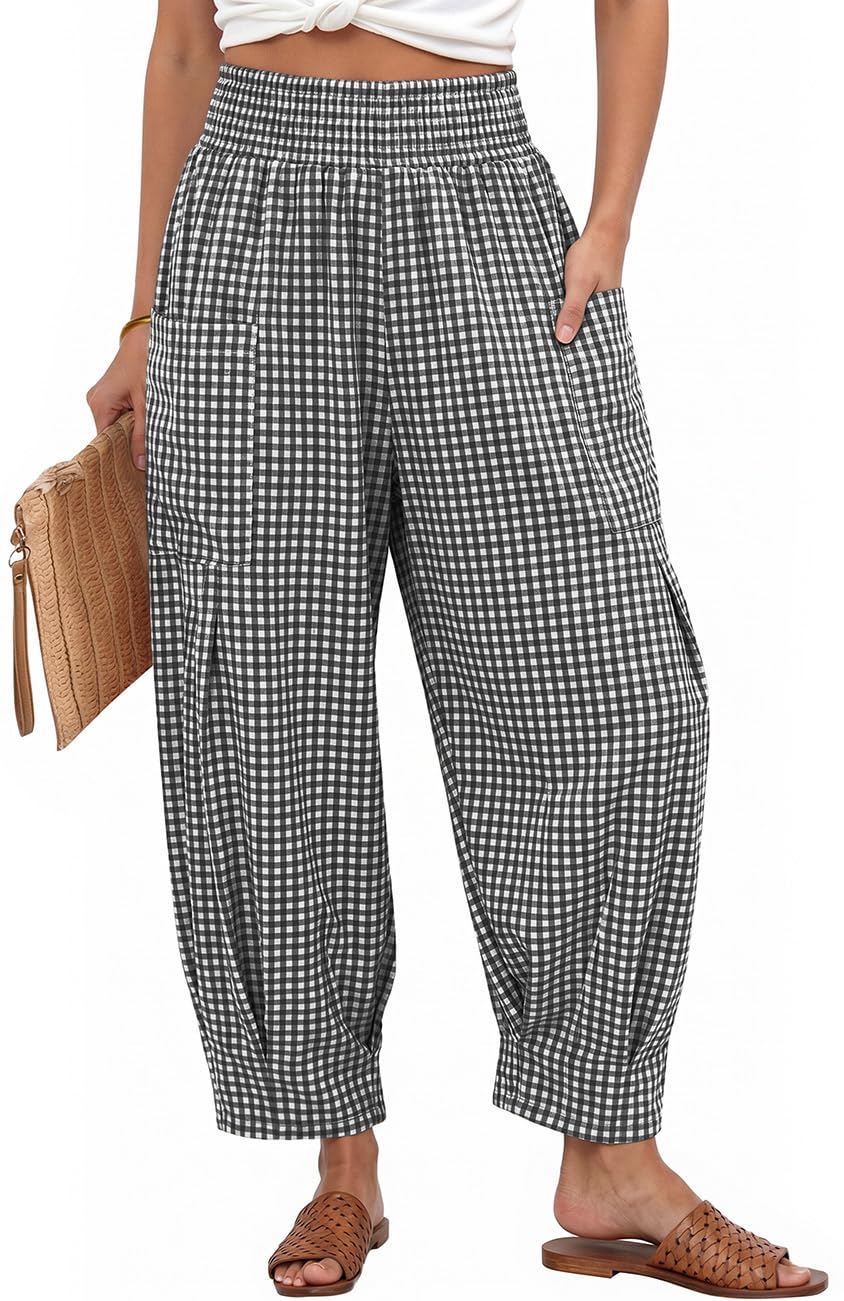 TARSE Women's Linen Gingham Pants Baggy High Waist Palazzo Pants