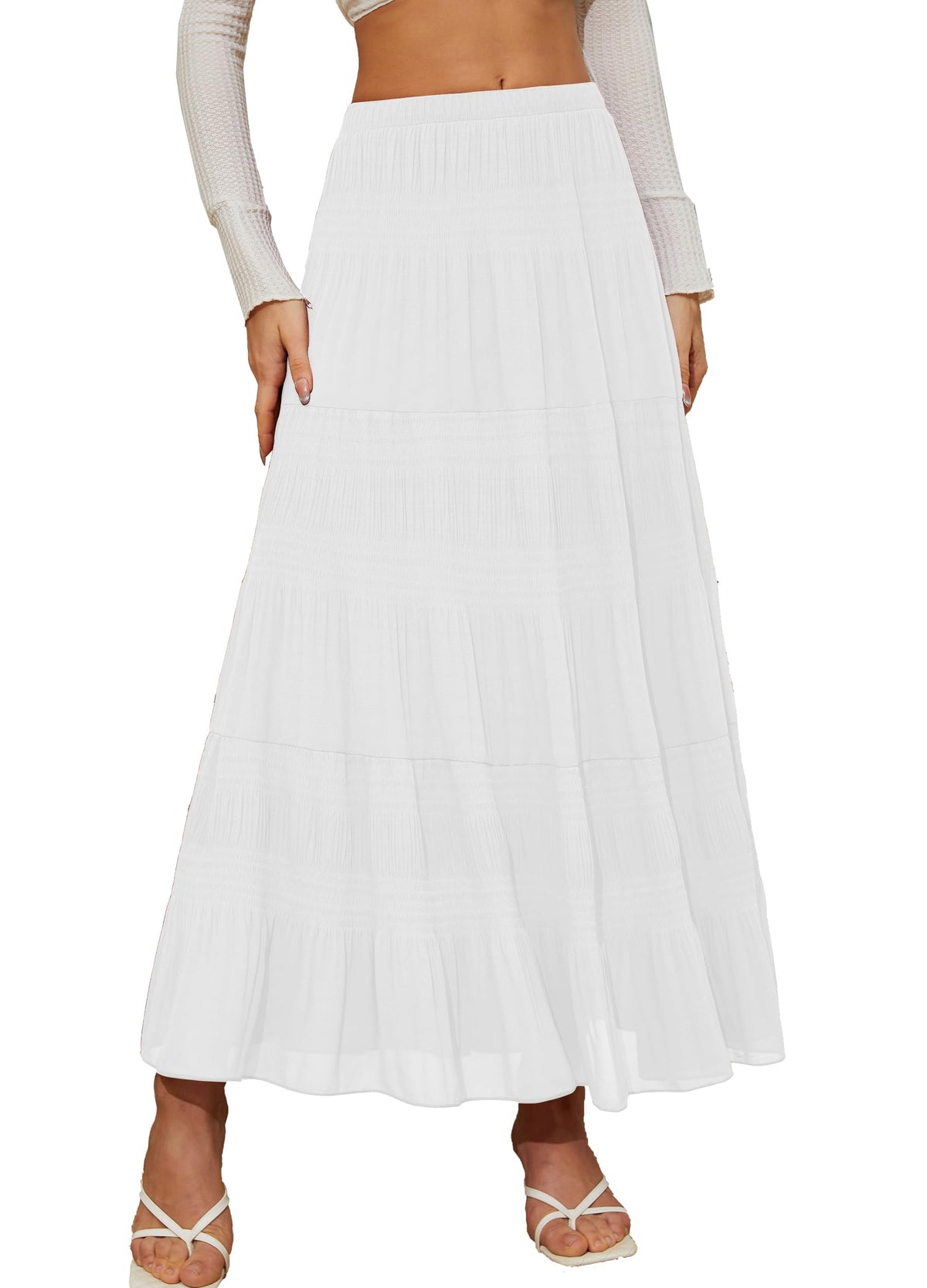Women's Chiffon White Flowy Maxi Skirts Boho Summer Elastic Waisted Pleated A Line Long Skirt for Women 2026