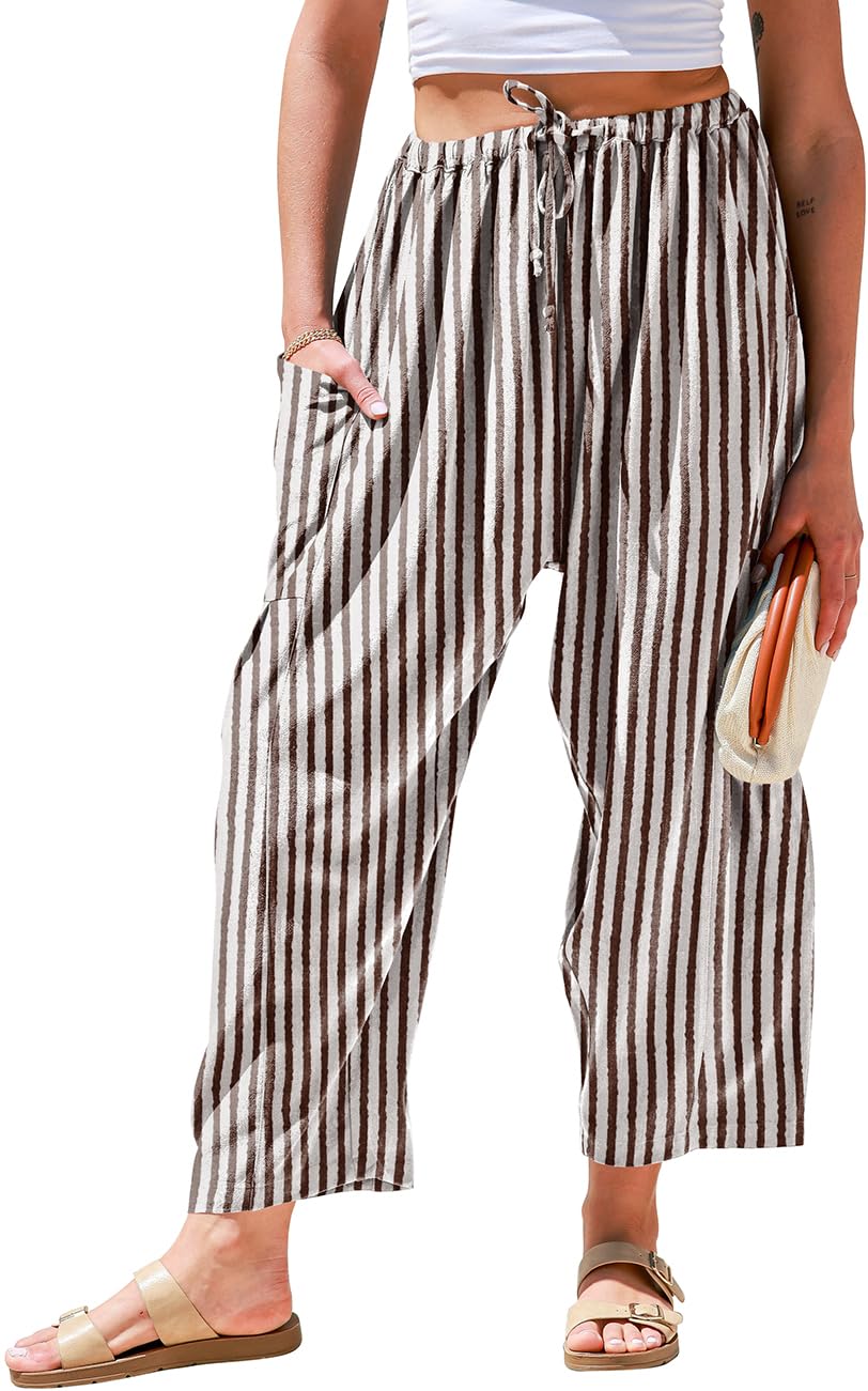 TARSE Womens Wide Leg Striped Linen Pants with Pocket
