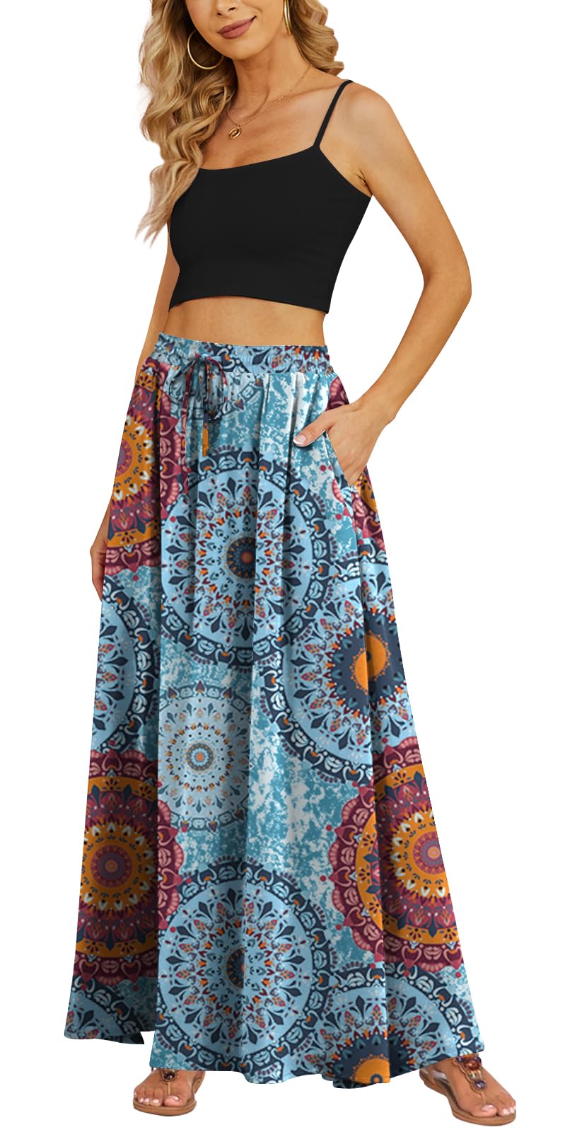 Yincro Women's Maxi Skirt Flowy High Waist Casual Long Skirts with Pockets