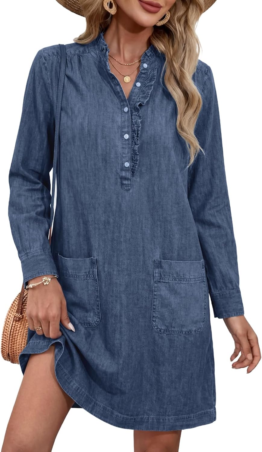 Sidefeel Women's Denim Dresses 2026 Loose Long Sleeve Ruffled Edge Neck Jean Sundresses with Pockets