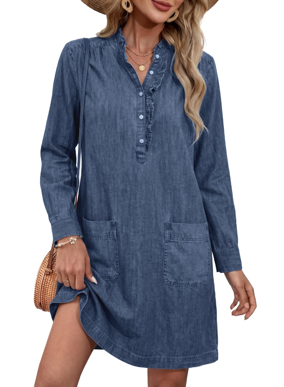 Sidefeel Women's Denim Dresses 2026 Loose Long Sleeve Ruffled Edge Neck Jean Sundresses with Pockets