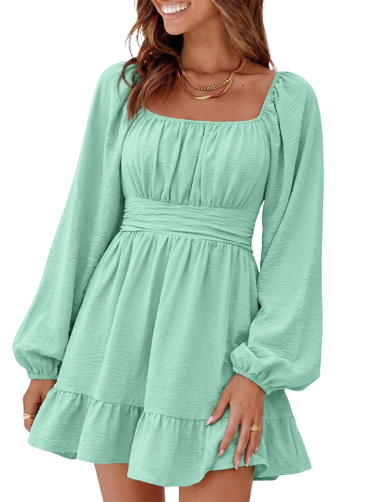 Dokotoo Womens Dress Lantern Sleeve Elastic Waist Tie Backless Mini Dress