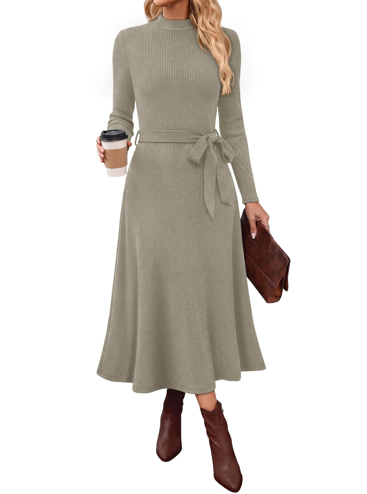 OFEEFAN Long Sleeve Dress Mock Neck Tie Waist Ribbed Knit Midi Dresses Fall Outfits