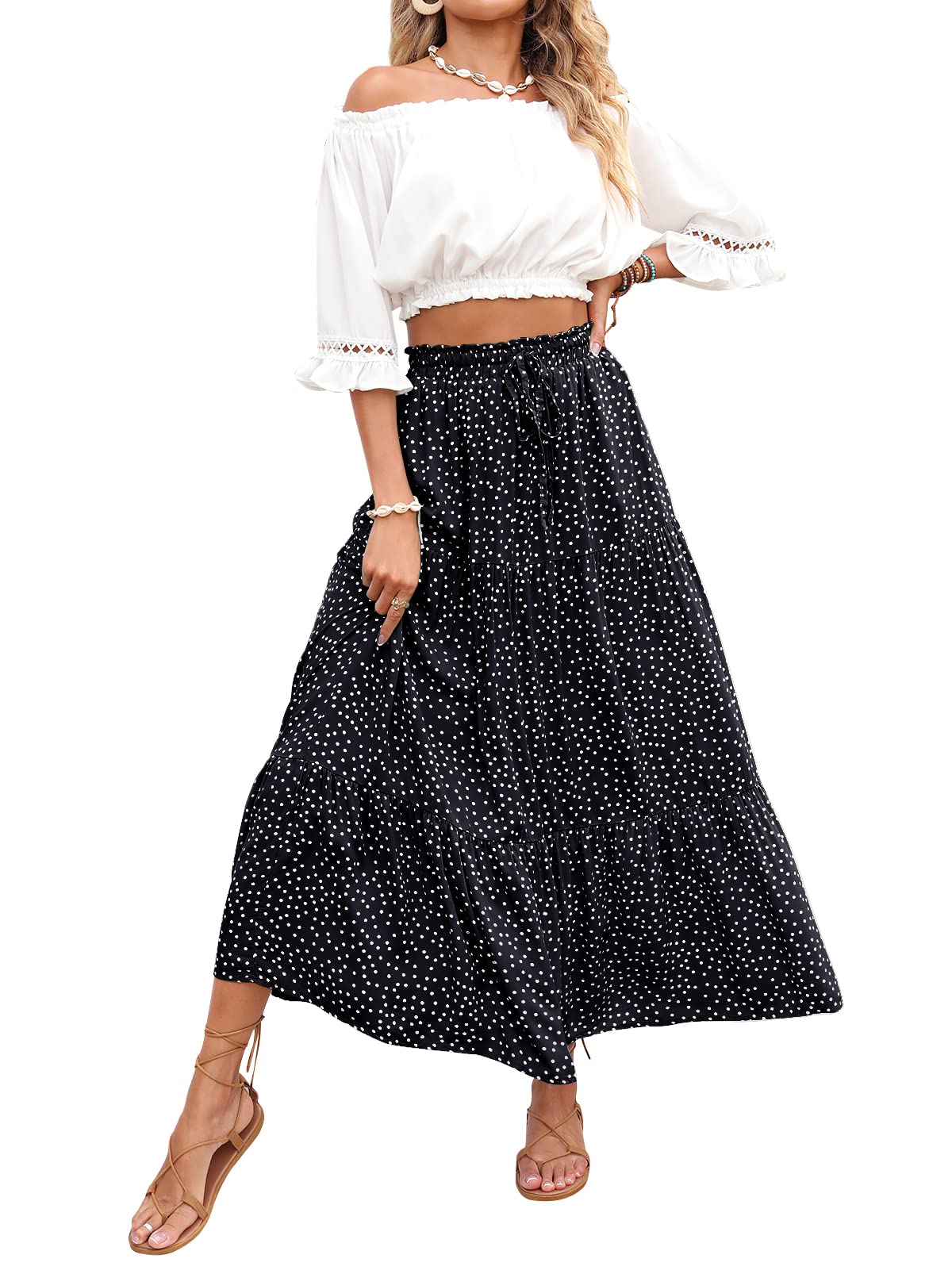 ZESICA Women's Bohemian Floral Printed Elastic Waist A Line Maxi Skirt