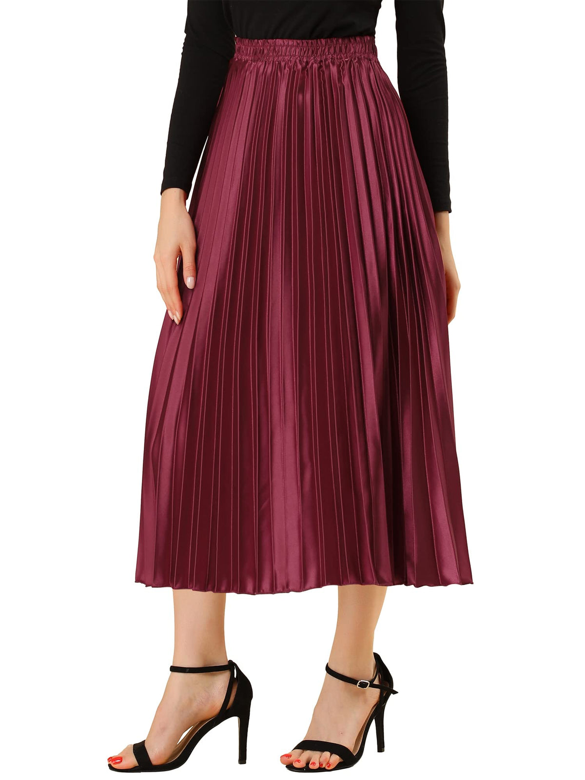 Allegra K Women Pleated Midi Skirt High Waisted Metallic Party Skirts