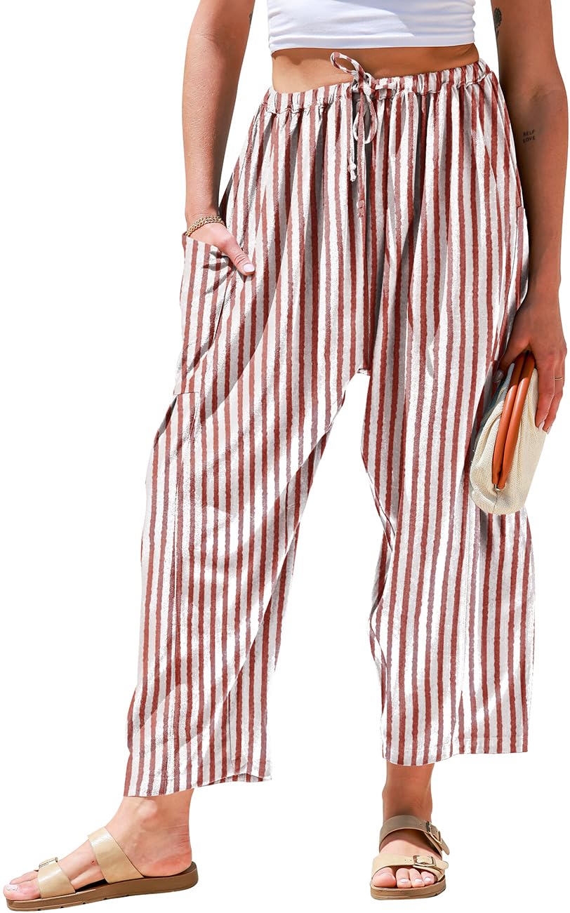 TARSE Womens Wide Leg Striped Linen Pants with Pocket