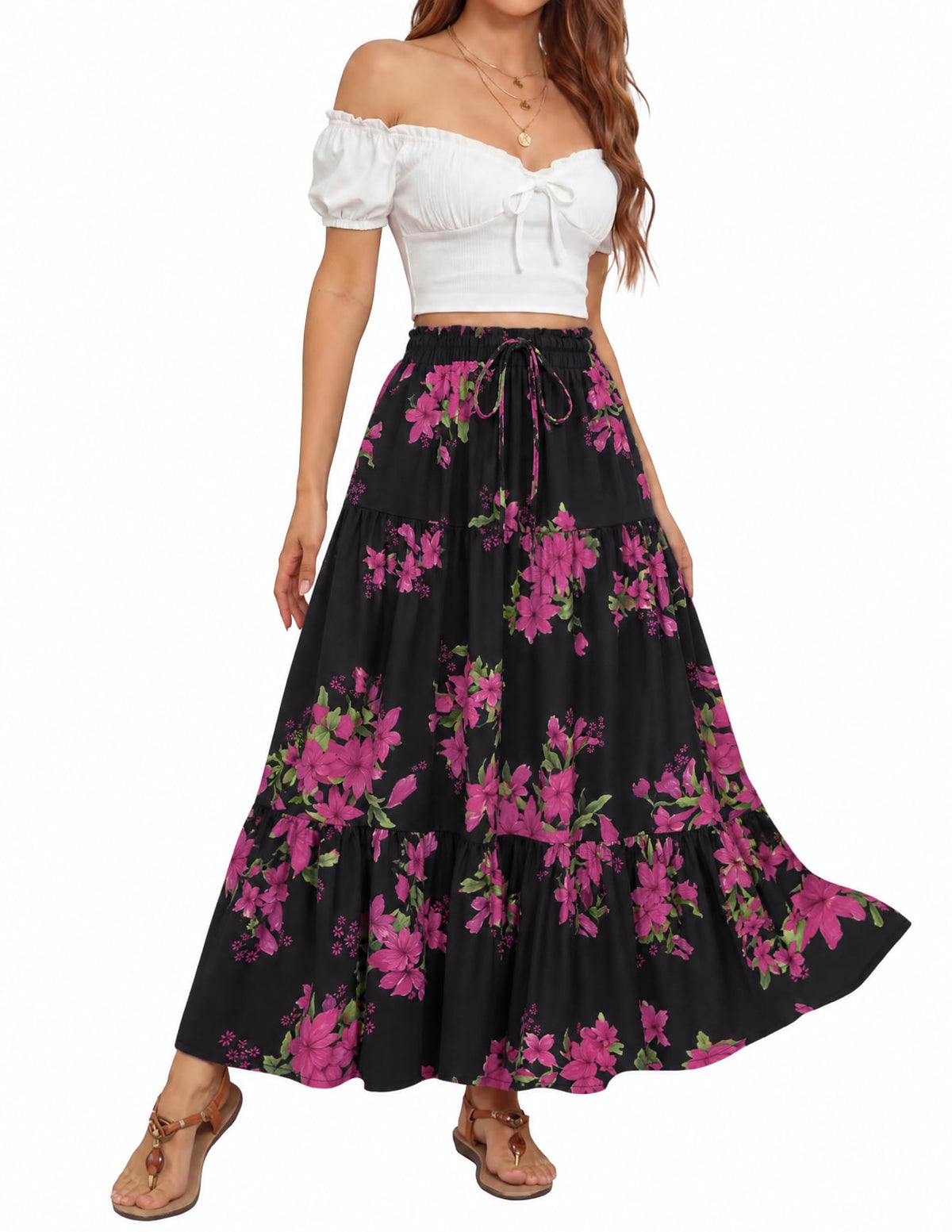 ZESICA Women's Bohemian Floral Printed Elastic Waist A Line Maxi Skirt