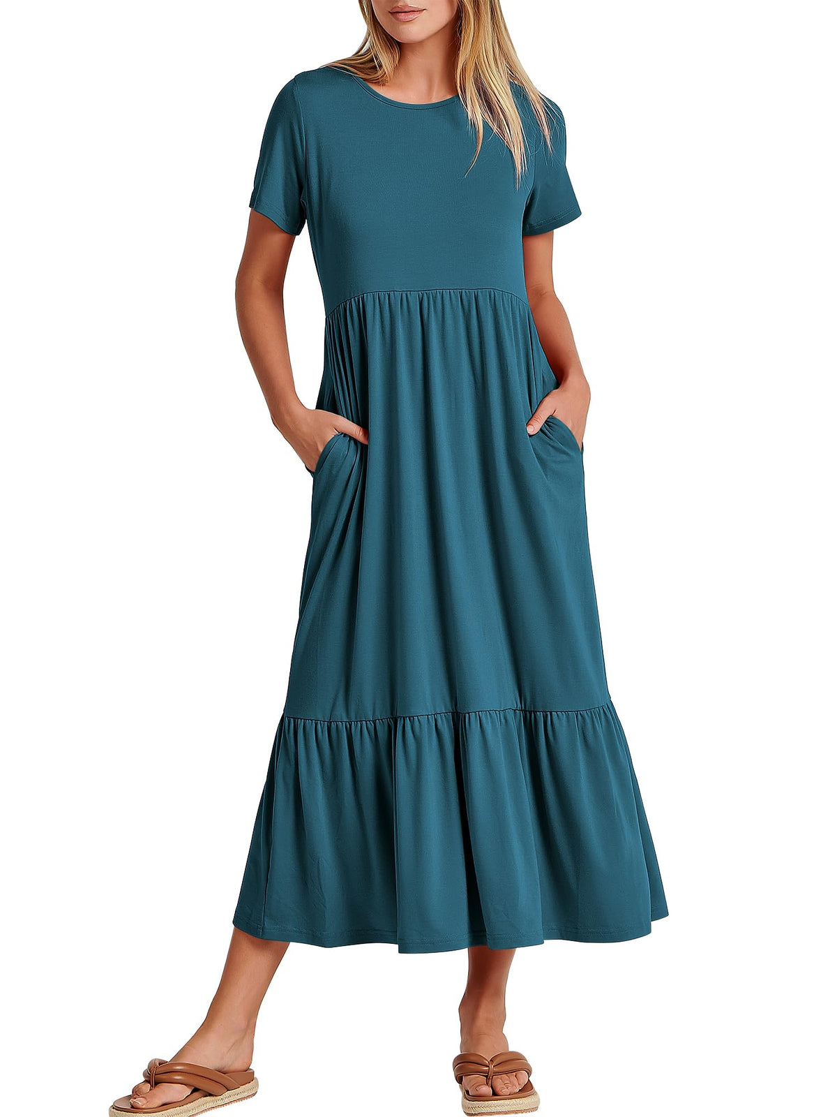 ANRABESS Womens 2026 Summer Casual Maxi Dress A line Tiered Flowy Short Sleeve Crewneck T Shirt Beach Travel Long Dresses