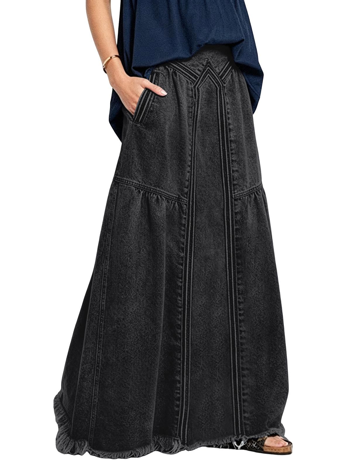ebossy Women's High Waist A Line Frayed Maxi Long Denim Skirt with Pockets