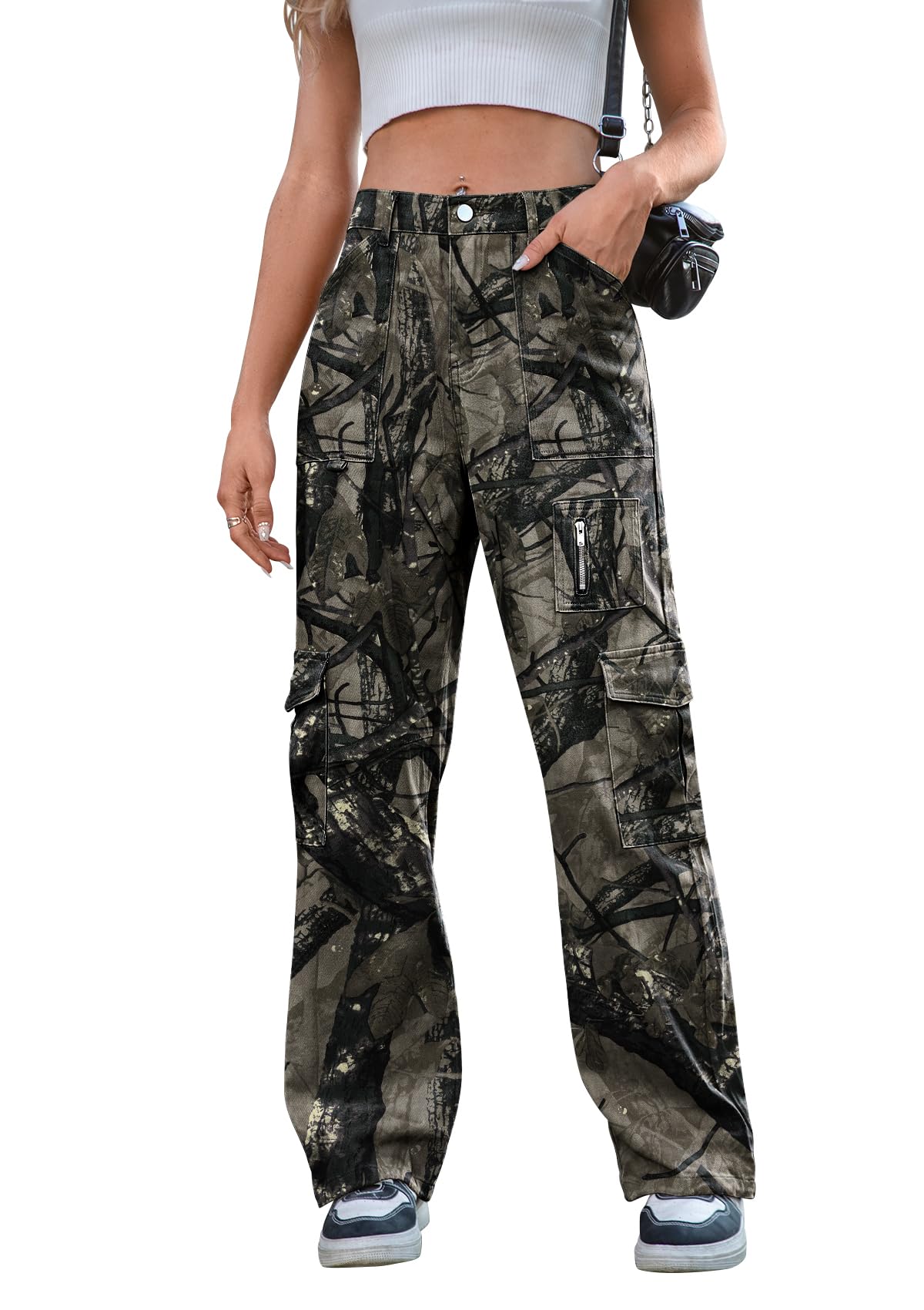 IVIR Cargo Pants Women High Waist Wide Leg Casual Pants with 7 Pockets Stretchy Drawstring Baggy Y2K Trousers