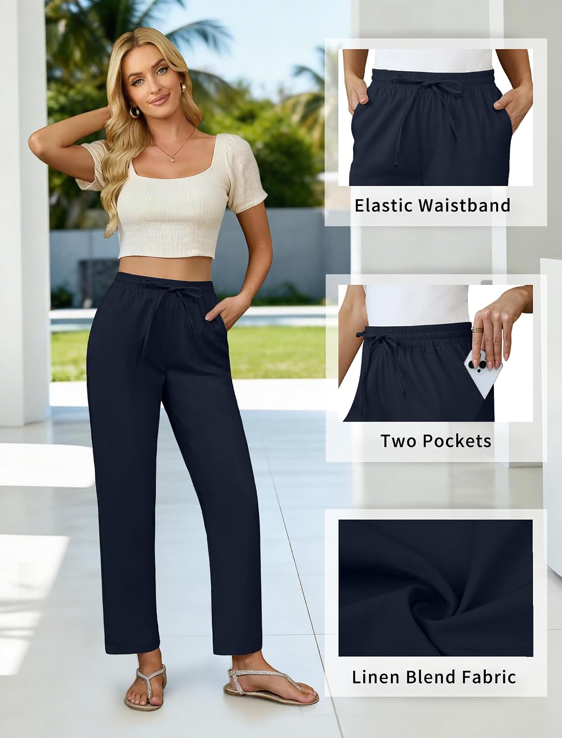 DLOODA Womens Linen Pants High Waisted Drawstring Casual Ankle Trousers