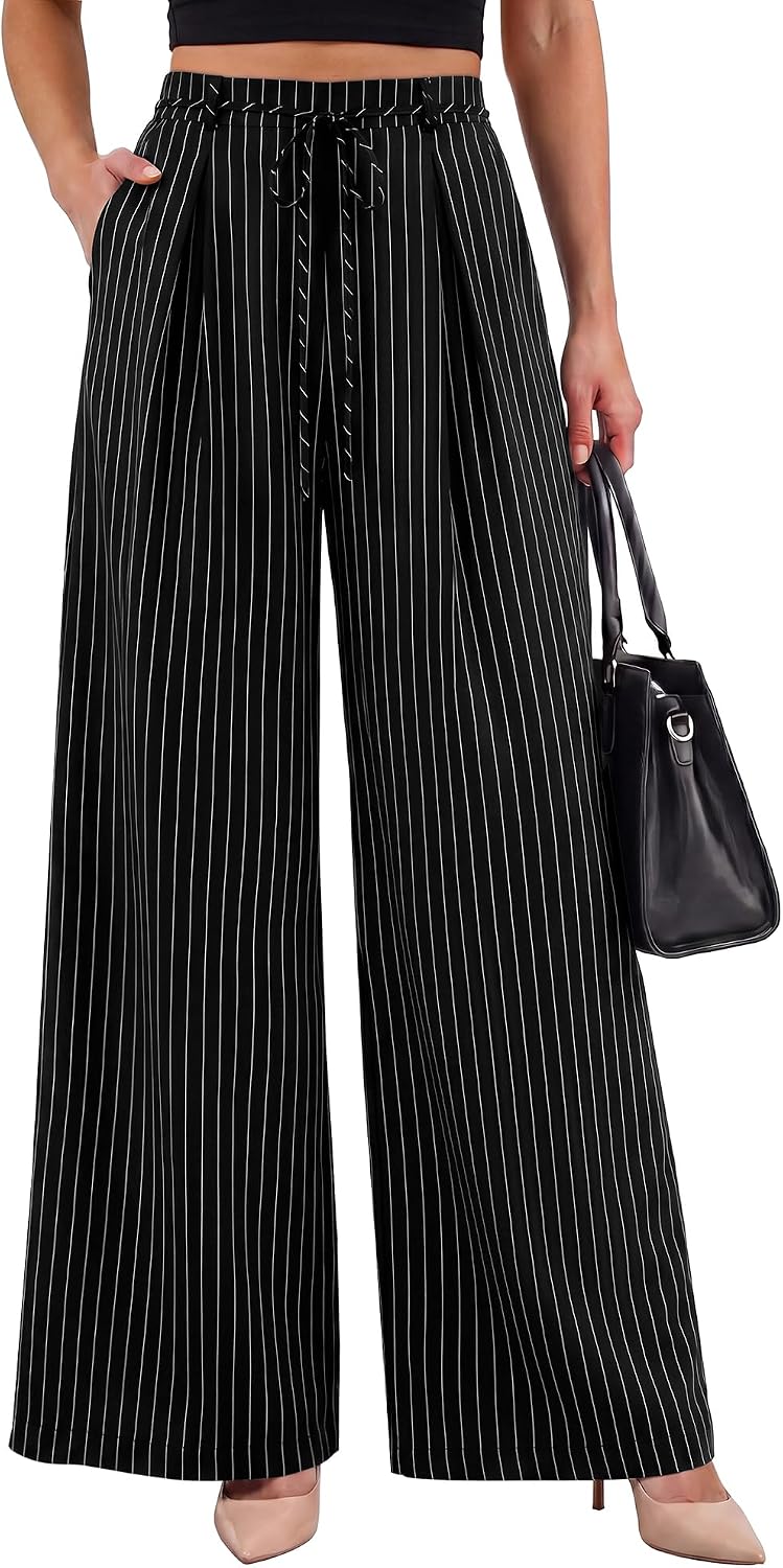 Youtalia Wide Leg Pants for Women Striped Drawstring Back Elastic Waist Trousers Casual with Pockets