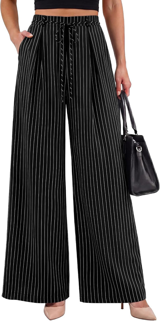 Youtalia Wide Leg Pants for Women Striped Drawstring Back Elastic Waist Trousers Casual with Pockets
