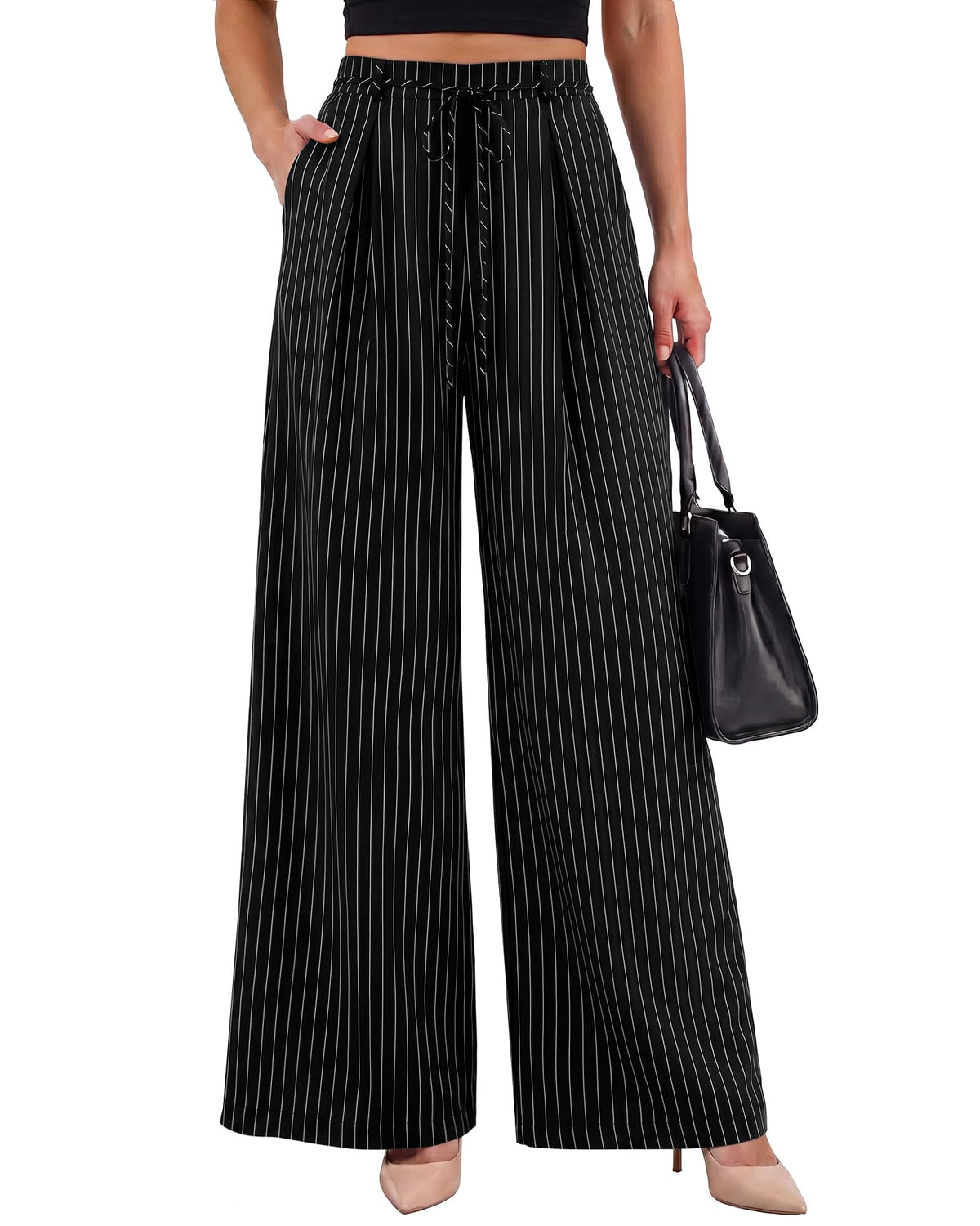Youtalia Wide Leg Pants for Women Striped Drawstring Back Elastic Waist Trousers Casual with Pockets