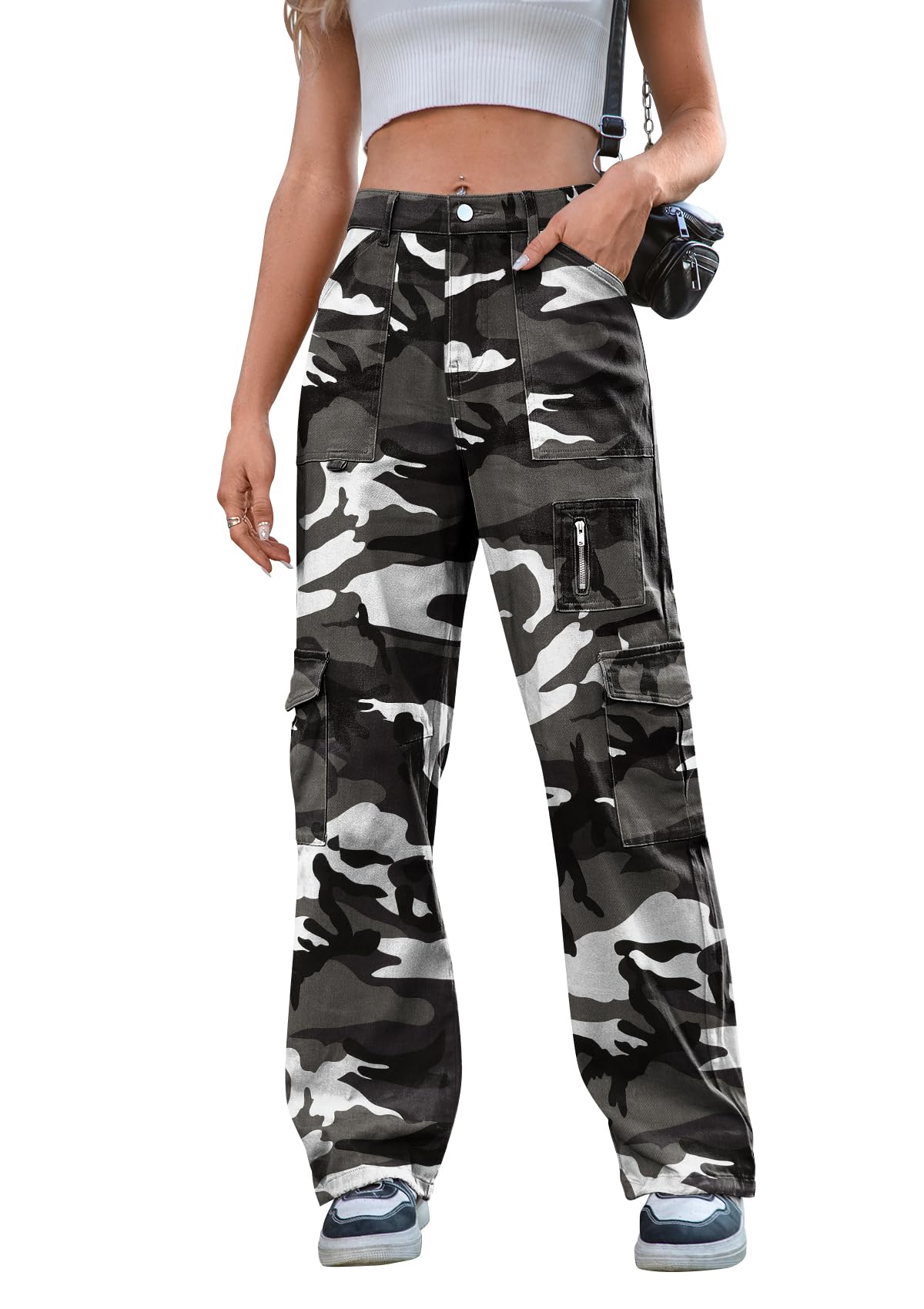 IVIR Cargo Pants Women High Waist Wide Leg Casual Pants with 7 Pockets Stretchy Drawstring Baggy Y2K Trousers