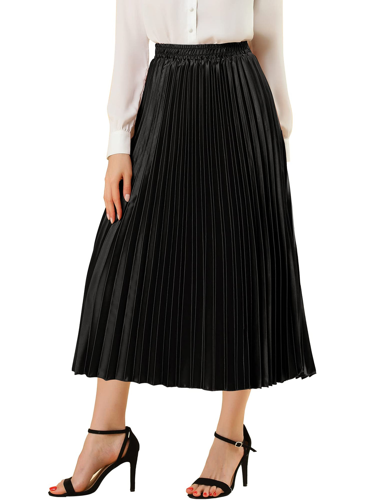 Allegra K Women Pleated Midi Skirt High Waisted Metallic Party Skirts