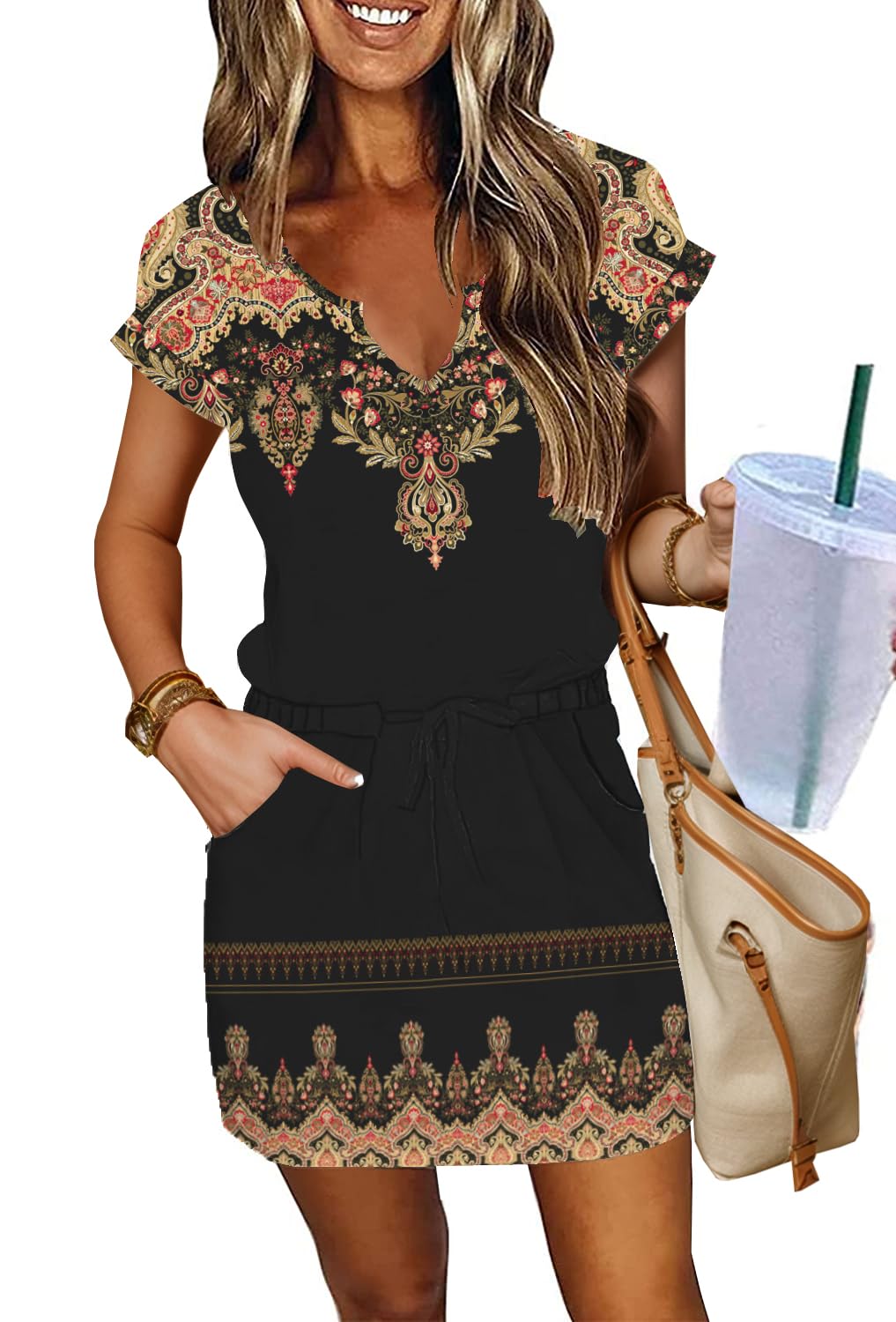 SAUKOLE Women Summer T Shirt Dress Casual Short Sleeve V Neck Dress with Pockets Drawstring Waist Short Dresses