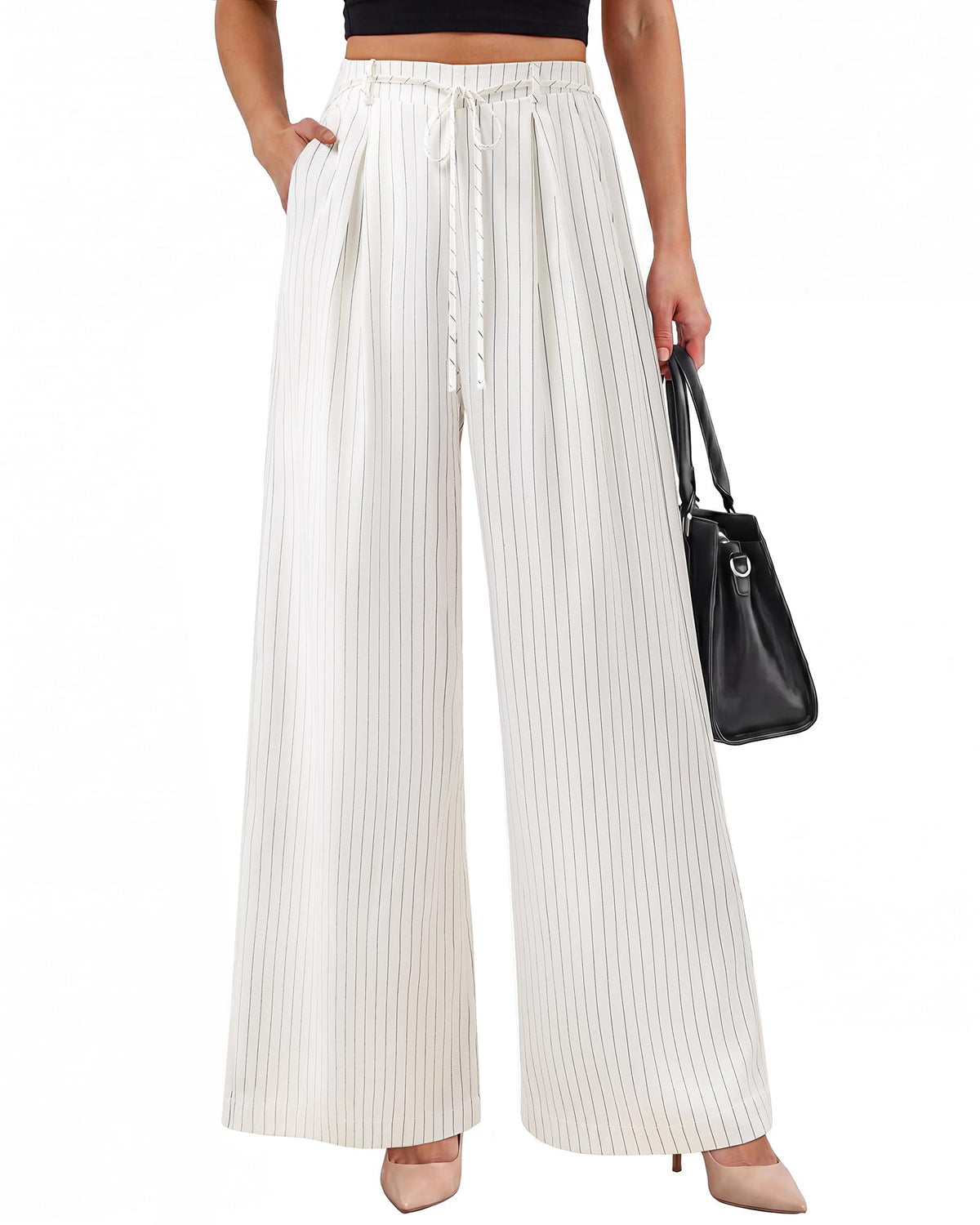 Youtalia Wide Leg Pants for Women Striped Drawstring Back Elastic Waist Trousers Casual with Pockets