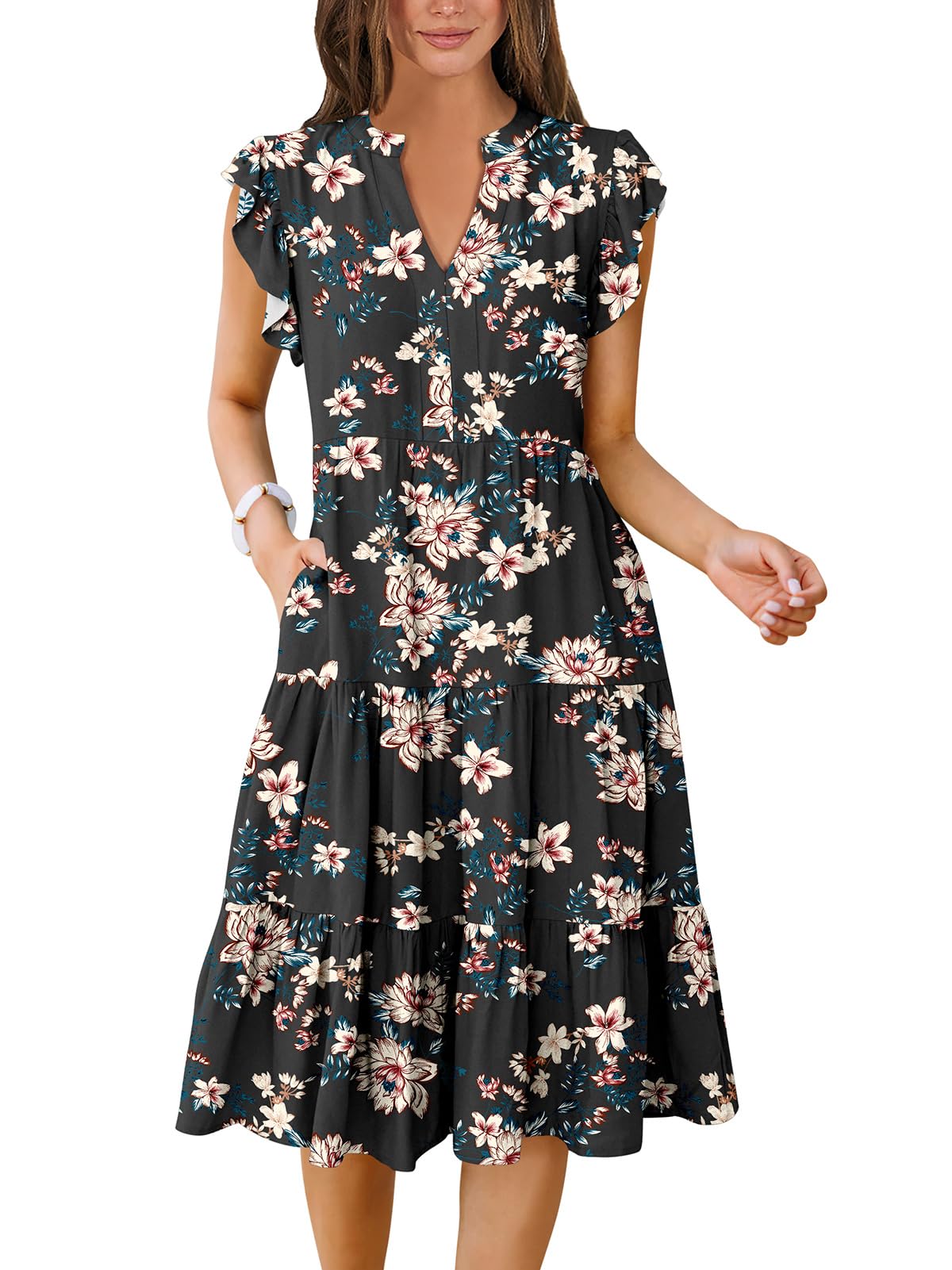 ANRABESS Womens Summer Dress Ruffle Sleeve V Neck Midi Dresses