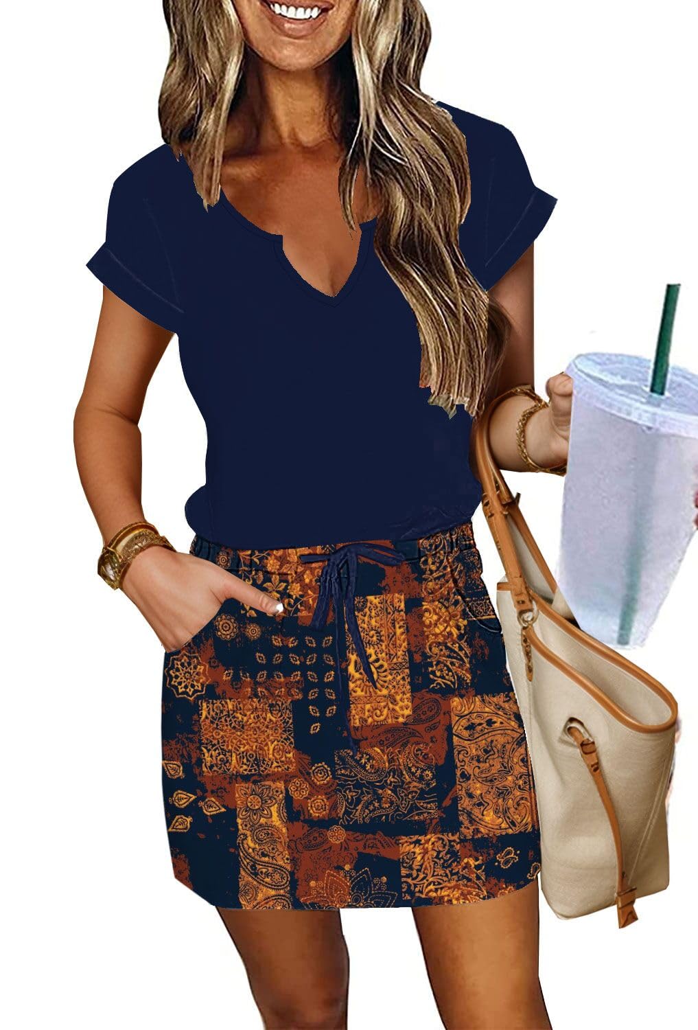 SAUKOLE Women Summer T Shirt Dress Casual Short Sleeve V Neck Dress with Pockets Drawstring Waist Short Dresses