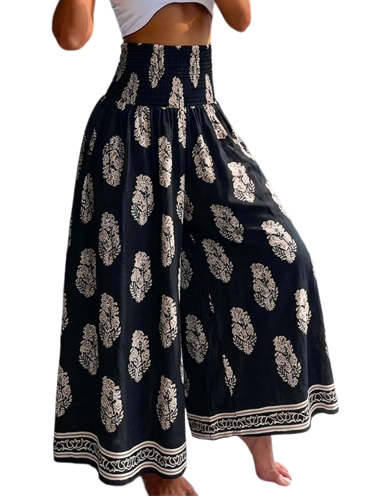 CHICME Womens Boho High Waisted Wide Leg Palazzo Pants Beach Vacation Wear
