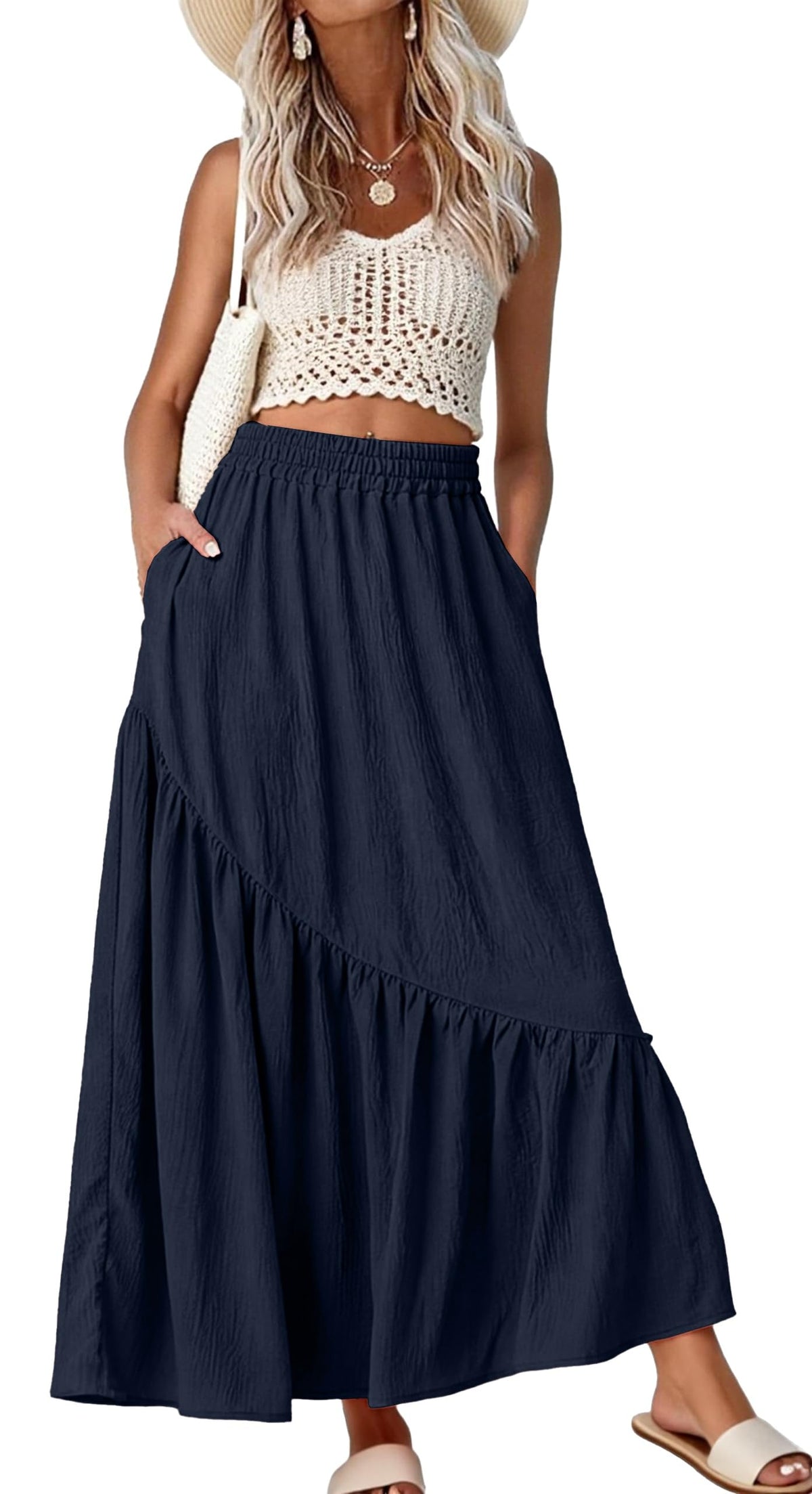 GRECERELLE Women's Maxi Skirt High Waist Tiered A-Line with Pockets