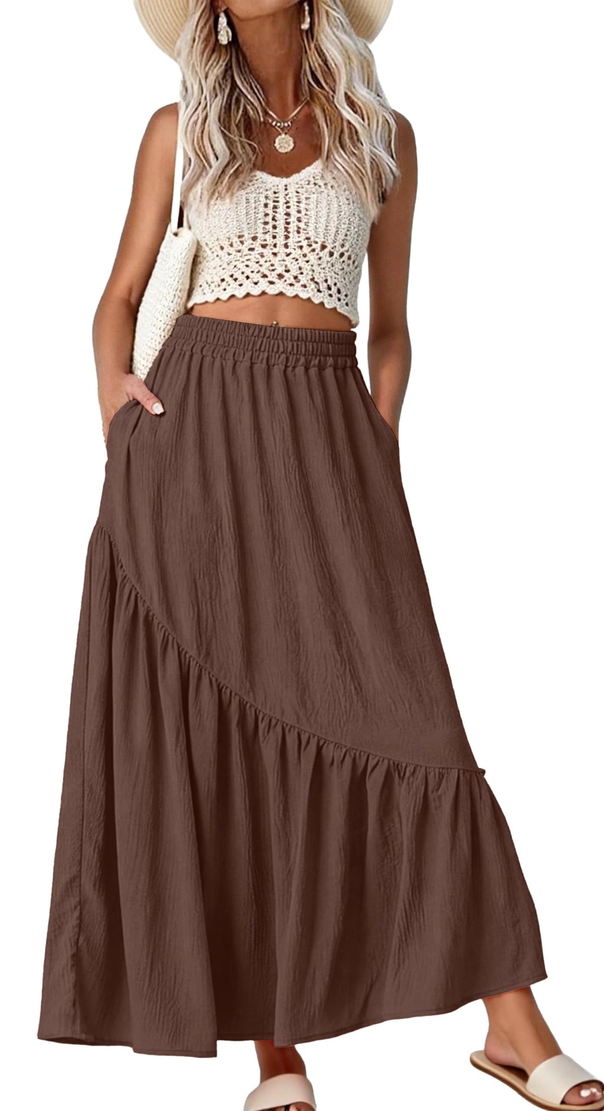 GRECERELLE Women's Maxi Skirt High Waist Tiered A-Line with Pockets