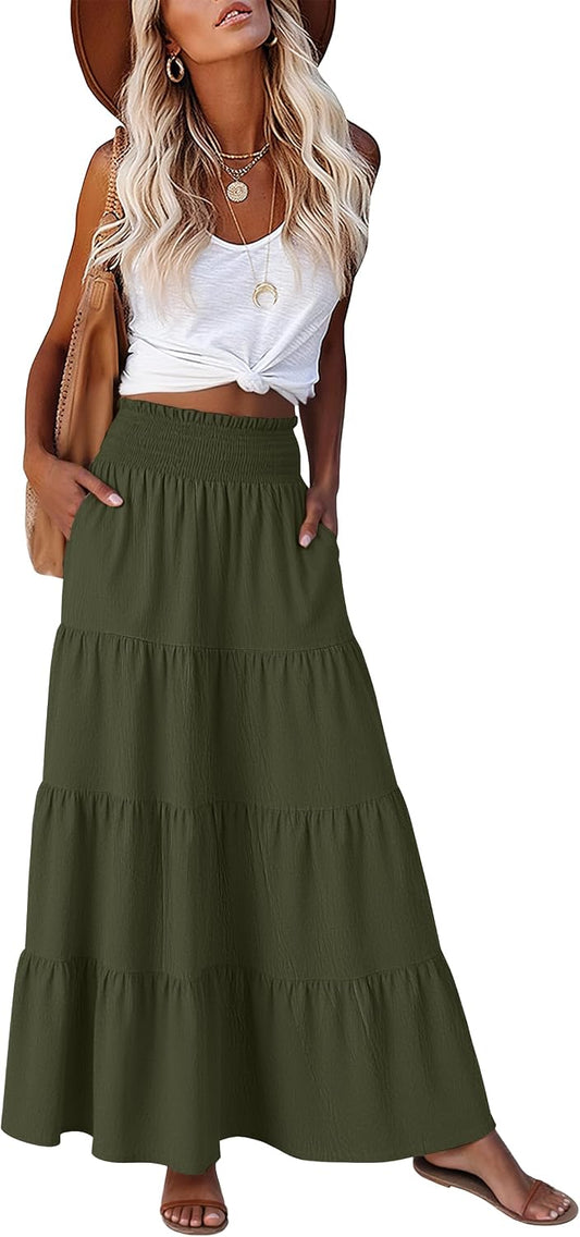 ANRABESS Womens Maxi Skirts, Elastic High Waist A-Line Tiered, Long Flowy Boho Skirts, Summer Casual Beach & Vacation Wear