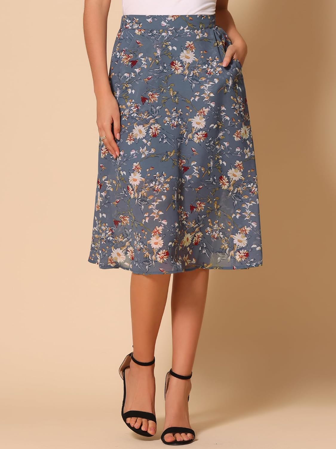 Allegra K Women's Floral Skirt A-Line Midi Skirt Chiffon High Waist Skirts