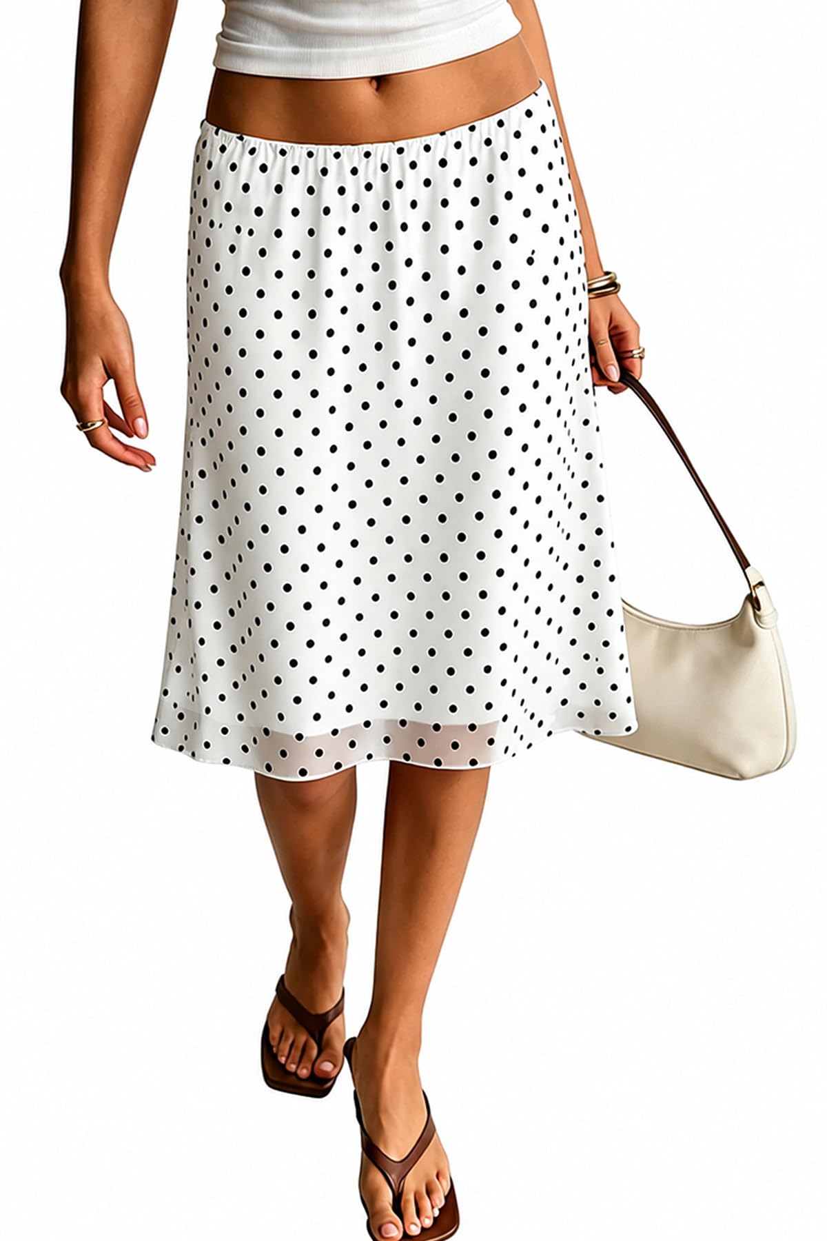 ELLEVEN Low Rise Midi Skirts for Women， Polka Dot Knee Length Mesh Skirt