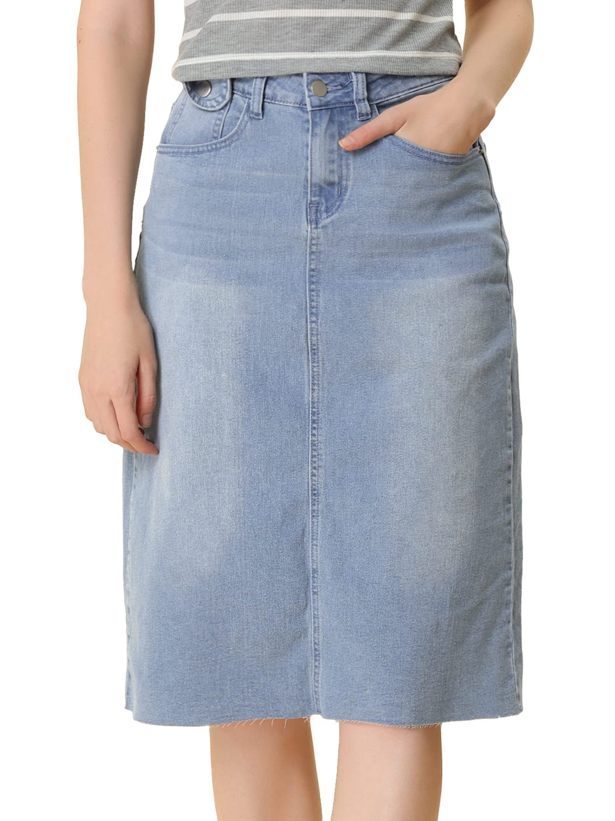 Allegra K Women's Casual Jean Skirt Raw Hem Stretch High Waist Denim Skirts