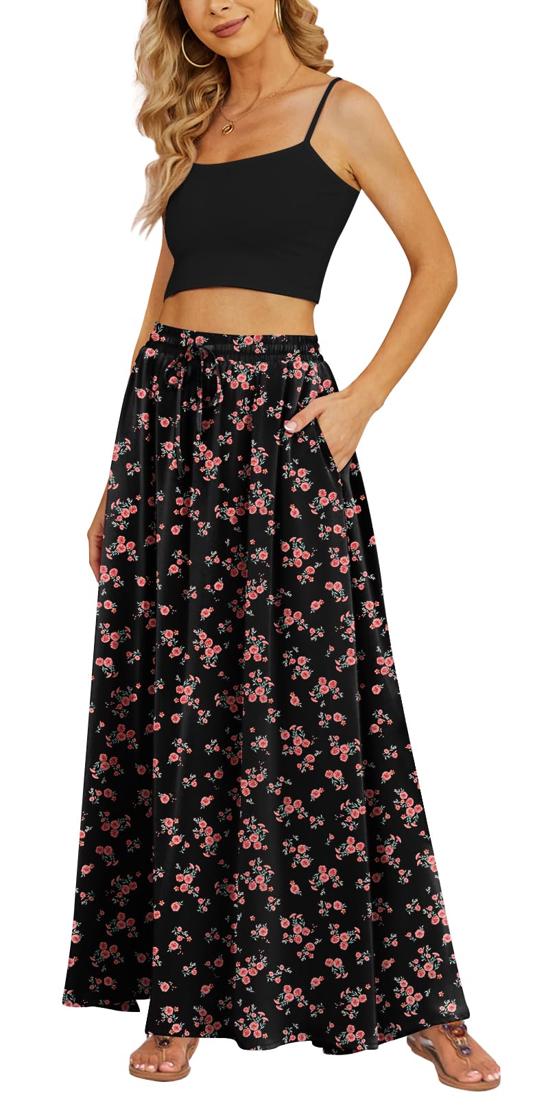 Yincro Women's Maxi Skirt Flowy High Waist Casual Long Skirts with Pockets